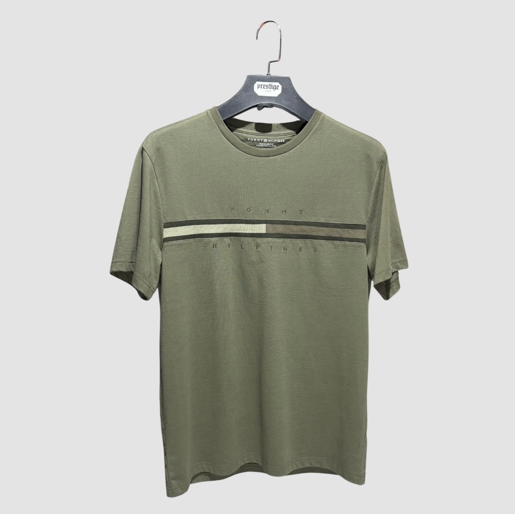 T-Shirt Tommy Hilfiger Stripe – Vert Kaki / Vert Grisé (M)